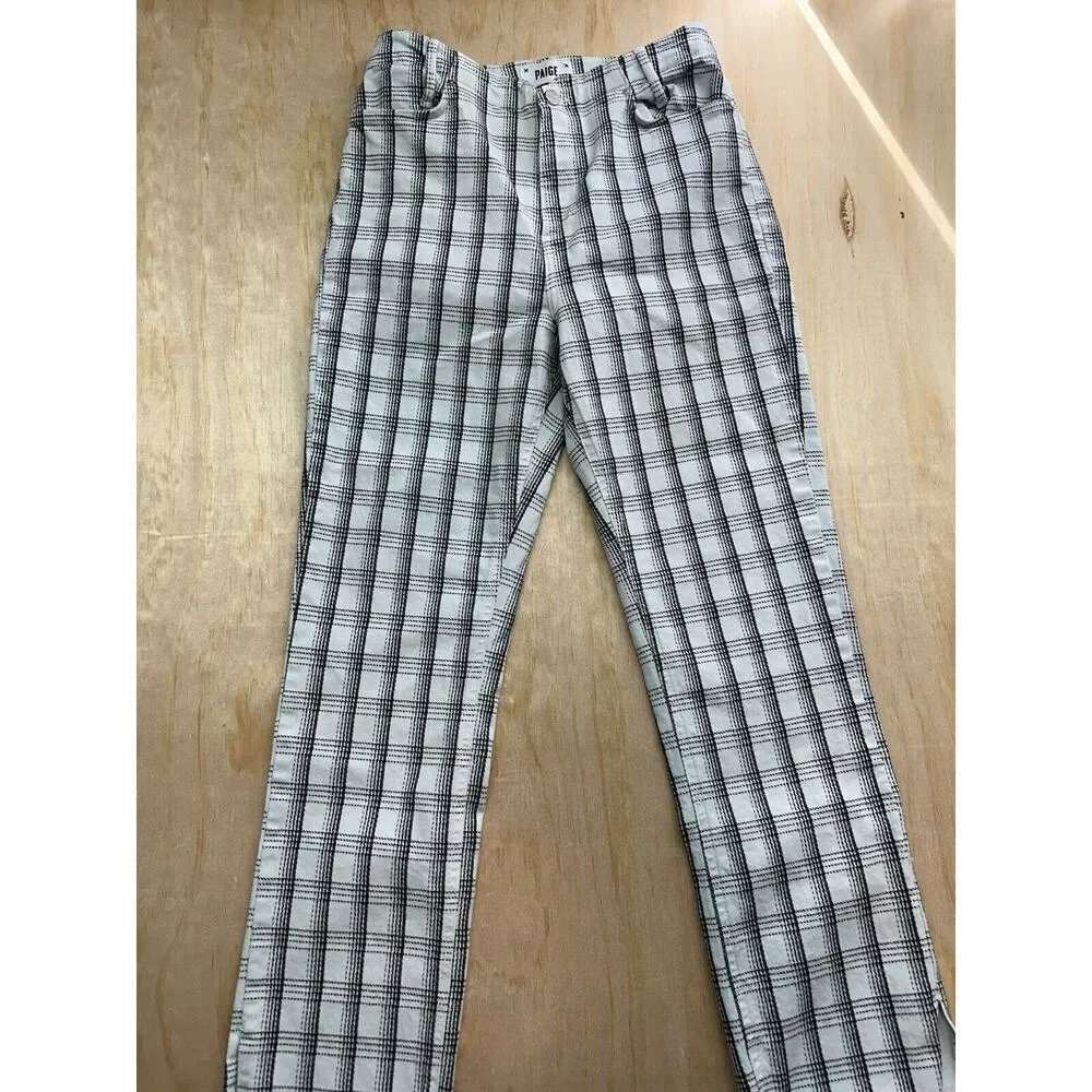 PAIGE Sz 30 Blue Plaid Pants Straight Leg Raw Hem Cindy Notched Waist Linear‎